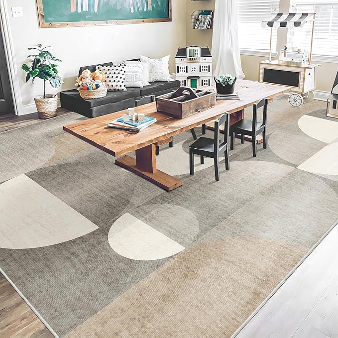 Large Beige Area Rugs 9x12 Washable Rug for Living Room Bedroom Dining Room,Modern Geometric Non Slip Carpet