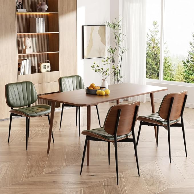 Dining Chairs Set of 2, Mid Century Modern Dining Room Chair, Upholstered Faux Leather Kitchen Chairs with Walnut Bentwood Back and Metal Legs for Kitchen Dining Living Room, Green