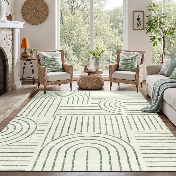 DCX Abstract Machine Washable 5x7 Rug, Sage Green Modern Accent Rug for Living Room, Soft Low Pile Non Slip Carpet, Kid & Pet Friendly Stain Resistant Rug for Bedroom Dining Room Office