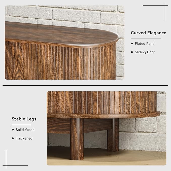 70 Inch Modern Fireplace TV Stand for TVs up to 80 inches, Mid Century TV Console with Solid Wood Legs, Sliding Doors & Curved Design,Media Console for Living Room, Brown