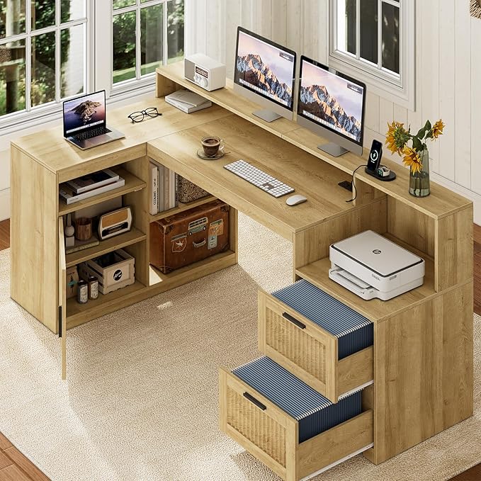 TVU Farmhouse L Shaped Desk with Drawers, 62.2" Home Office Desk with Storage Shelves and Power Outlet, L Shaped Computer Desk with Monitor Stand and Printer Shelf, Oak