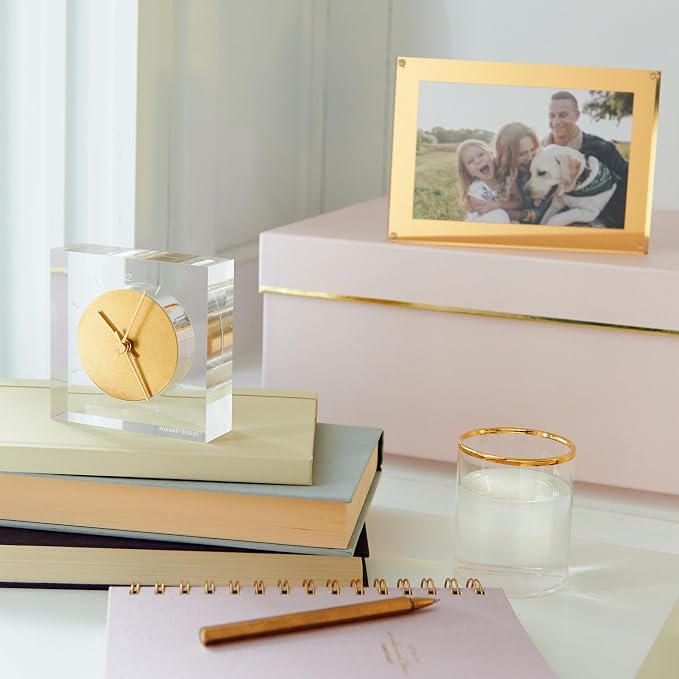 RUSSELL+HAZEL Acrylic and Gold Desk Clock, 4" W x 4" L x 1.25" D, Elegant Home Decor and Office Decor, Etched Face with Gold Toned Brass, Compact Shelf Decor for Upscale Spaces, 1-Count (105521)