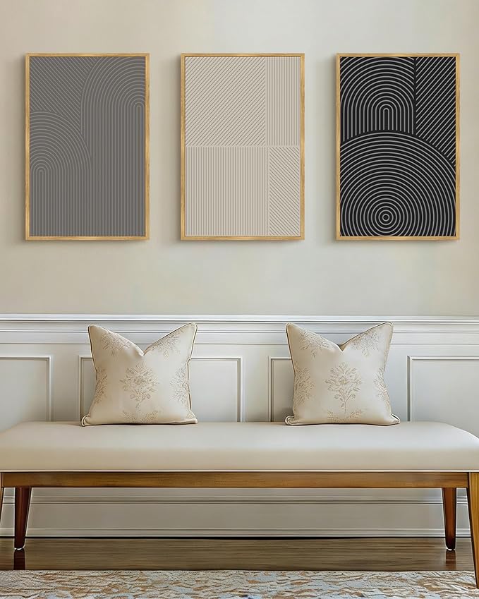 Drsoum Mid-Century Modern Framed Wall Art Large 16x24in Minimalist Abstract Boho Neutral Line Wall Decor Geometric Artwork Kitchen Dining Room Natural Framed
