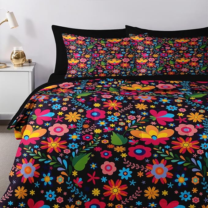 Nesker 5 Pcs Comforter Set Twin Size, Mexican Floral Flower Bedding Set for Kids and Adults, Retro Red Beautiful Bed Sheet Sets with Fitted Sheet Pillowcases & Shams