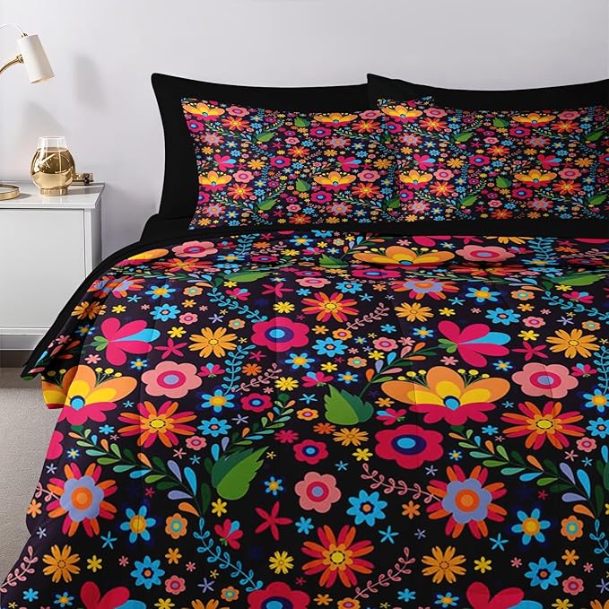 Nesker 7 Pcs Comforter Set King Size, Mexican Floral Flower Bedding Set for Kids and Adults, Retro Red Beautiful Bed Sheet Sets with Fitted Sheet 2 Pillowcases & 2 Shams