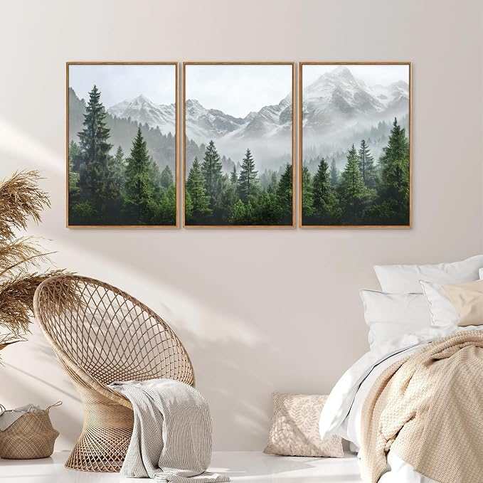 KaiWithYuan Misty Snow Mountain Framed Canvas Wall Art, Snowy Pine Tree Woodland Wall Decor, Calming Nature Forest Art Paintings, Minimalist Landscape Artwork for Bedroom Living Room Office 16"x24"x3