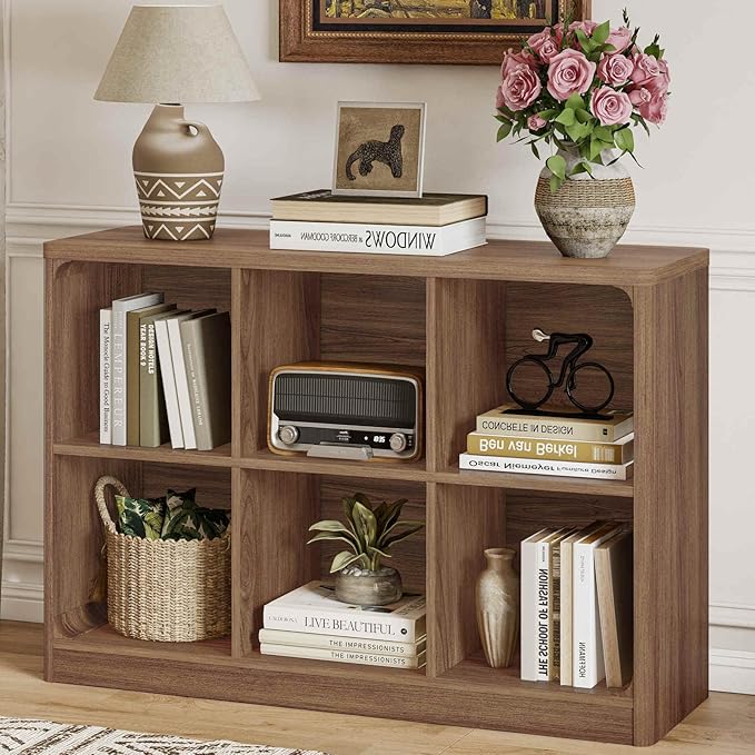 FATORRI 6 Cube Storage Bookcase, Rustic Wood Horizontal Bookshelf with Rounded Corners, Low Cube Organizer Shelf for Living Room, Bedroom, Office (Walnut, 43 Inch)