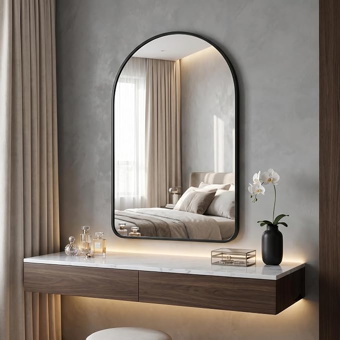 HARRITPURE 24"x36" Arched Bathroom Mirror, Wall Mounted Mirror, Black Arch Mirror, Aluminum Alloy Frame Wall Mirror for Living Room, Bedroom, Entryway