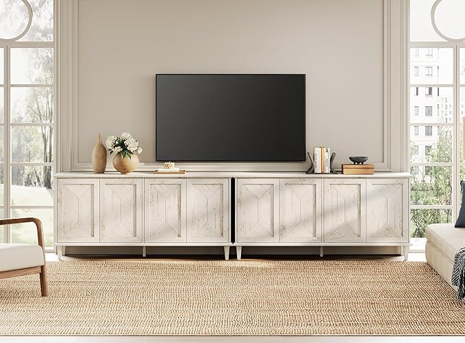WAMPAT 130-inch Handcrafted Patchwork Decorative Buffet Cabinet with Pop-Up Design Doors,2-in-1 Large Modern Farmhouse Accent Credenza for Coffee Bar, Kitchen, and Living Room, Pale Oak