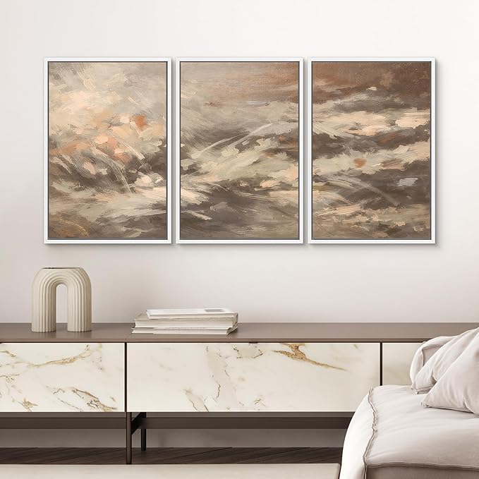 SIGNWIN Framed Canvas Print Wall Art Set Warm Earth Tone Brushstroke Abstract Illustrations Modern Art Decorative Boho Relax/Zen Nordic for Living Room, Bedroom, Office - 24"x36"x3 White
