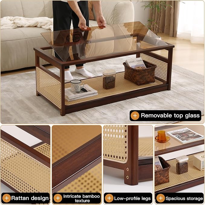 Welnow Rattan Coffee Table for Living Room, Modern 2-Tier Rectangle Center Table with Storage Shelf and Glass Top, Mid-Century Boho Furniture for Apartment, 47.5" Walnut