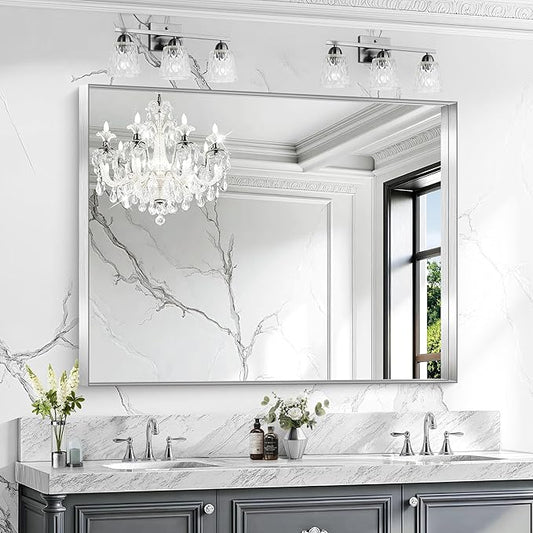 CIRCUMI Silver Bathroom Mirror, 36"x48" Rectangular Mirror with Deep Metal Frame, Brushed Finish, Tempered Glass, Large Mirror for Wall, Over 2 Sinks, Installed Vertically/Horizontally, Crystal-Clear