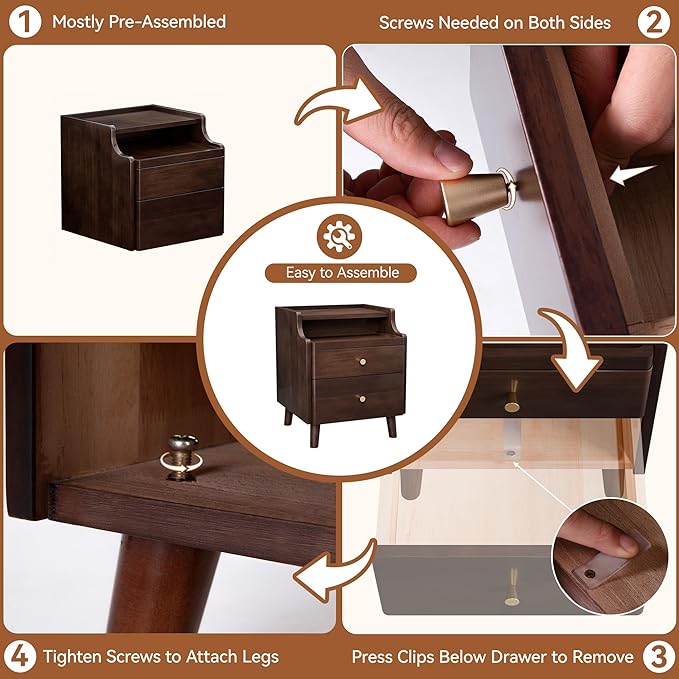 Narrow Nightstand with Drawers, Pre-Assembled Solid Wood Small Skinny Night Stand with Open Sliding Shelf Slim Bedside Table for Bedroom, Slim Side Table (1, Black Walnut, 16")
