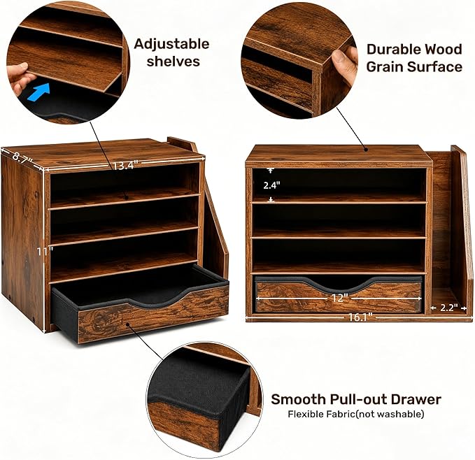 Wooden Desk Organizer with Drawers, 4 Tier Office Organizer and Accessories, Paper File Mail Organizer, Brown
