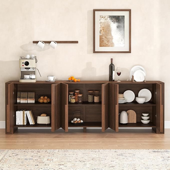 Fluted Sideboard Buffet Cabinet with Storage Cabintes, Farmhouse Storage Credenza Cabinet with Shelves, 78.75" Large Coffee Bar TV Stand for Living Room Kitchen Dining, Walnut