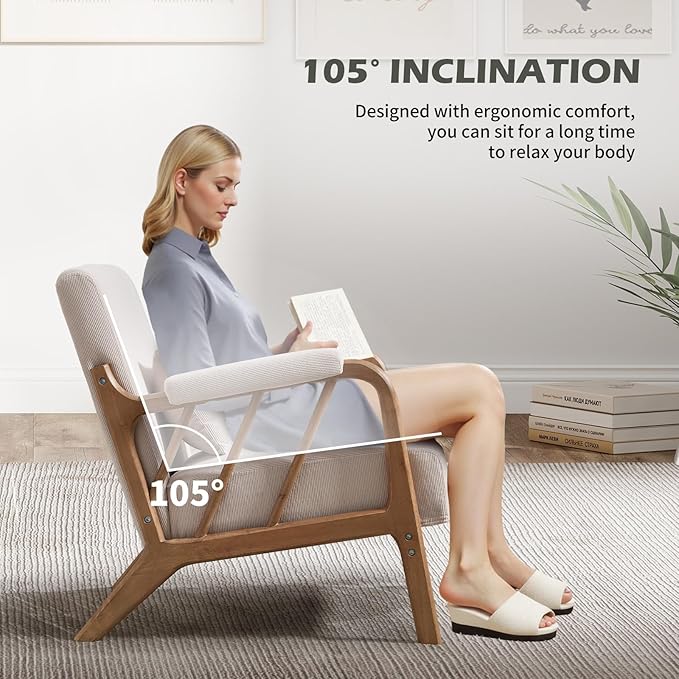 INZOY Mid Century Modern Accent Chair with Wood Frame, Upholstered Reading Armchair with Soft Corduroy Fabric, Accent Chair for Living Room Bedroom Apartment, Easy Assembly, Beige