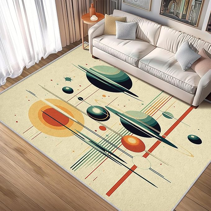 Mid Century Rugs for Living Room 8x8, 50s Retro Futurism Geometric Abstract Modern Pattern Design Area Rug, Mid Century Bedroom Decor Carpet, Non Slip, Washable (RG502)
