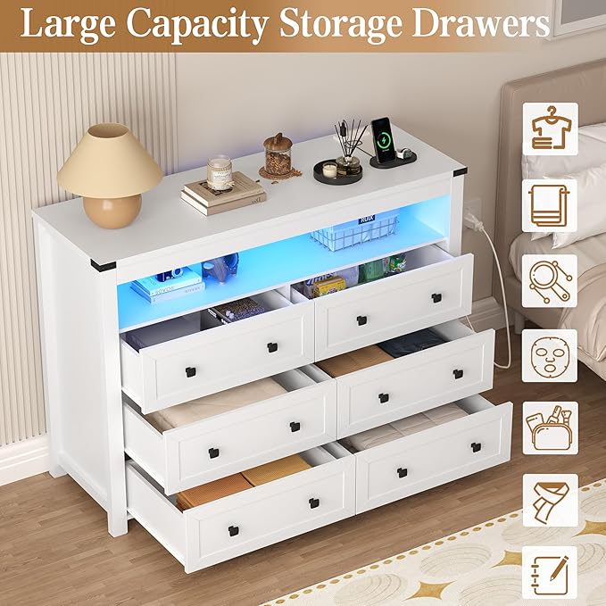 White Dresser 6 Drawer Dressers for Bedroom with LED Lights, Charging Station, Wood Chest of Drawers with Metal Handles, Modern TV Stand Storage Cabinet for Living Room, Hallway, Entryway