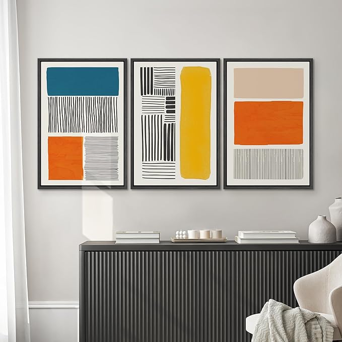 SIGNWIN Framed Canvas Print Wall Art Set Mid-Century Bright Color Block Collage Abstract Shapes Illustrations Minimalism Bohemian Decorative for Living Room, Bedroom, Office - 24"x36"x3 Black