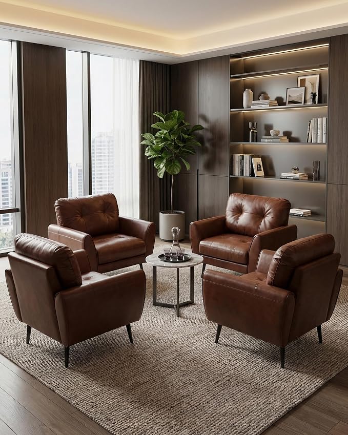 TYBOATLE Accent Chairs Set of 2, Comfy Modern Living Room Brown Leather Reading Accent Chairs Tufted Mid Century Arm Chair Small Salon Chair for Office Bedroom (2, Brown)