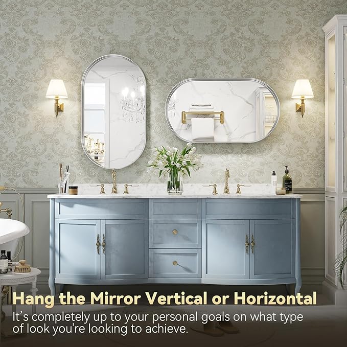 Brightify Silver Oval Mirror for Bathroom 20x33 Inch, Metal Framed Bathroom Vanity Silver Mirrors, Modern Pill Shape Mirror for Bedroom Living Room Wall Decorative Hang Vertical and Horizontal
