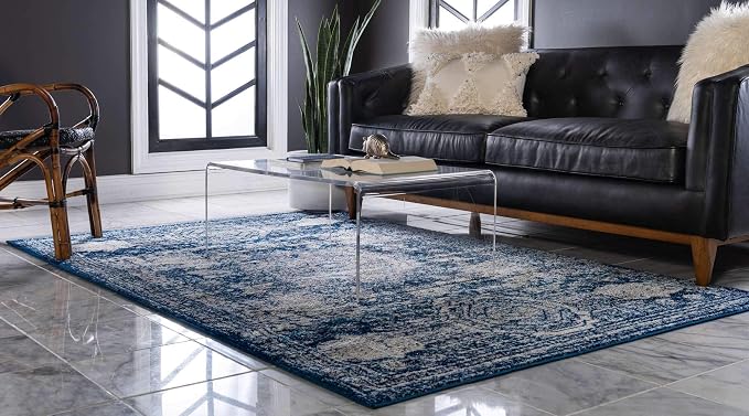 Unique Loom Bromley Collection Area Rug - Wells (9' x 12' 2" Rectangle, Ivory and Blue/ Ivory)