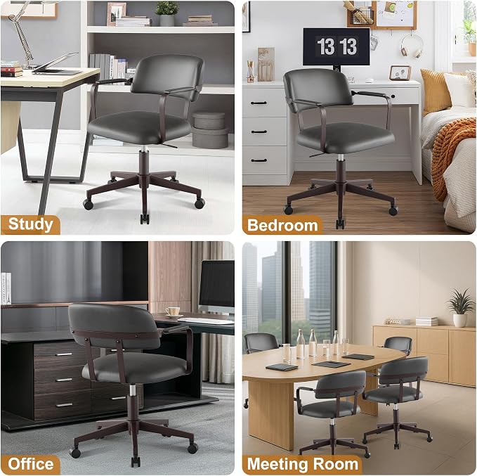 Home Office Desk Chair, Mid-Century Modern Desk Chair with Padded Arms, Adjustable Seat Height, Mid Back 360° Small Computer Chair with Mobile Mute Wheel, PU Leather (Dark Grey)