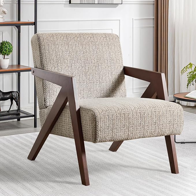 Bonzy Home Mid-Century Modern Accent Chair with Solid Wood Frame, Upholstered Armchair for Bedroom & Living Room,Reading Side Chair with Soft Lien Fabric Cushion,Easy Assembly