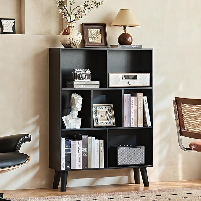 LEYAOYAO 7 Cube Black Bookshelf, 3 Tier Modern Bookcase with Legs, Wood Cubeicals Organizer Storage Open Shelves, Retro Display Book Shelf, Freestanding Short Book case for Bedroom,Living Room,Office