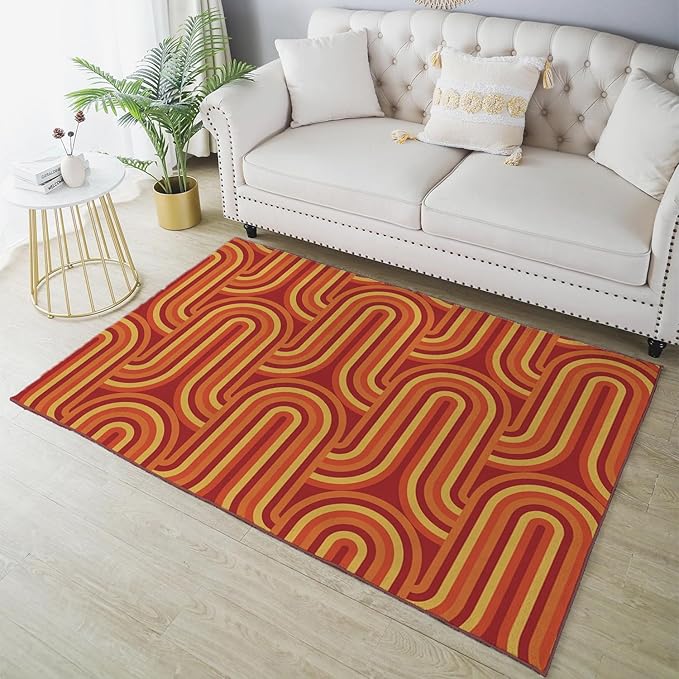 Ansouyi Red and Orange Non-Slip 5x7 ft Area Rugs, Washable Rug Carpet for Living Room, 70s Retro Modern Groovy Home Decor Rugs for Game Room Classroom Bedroom Dining Kindergarten Room