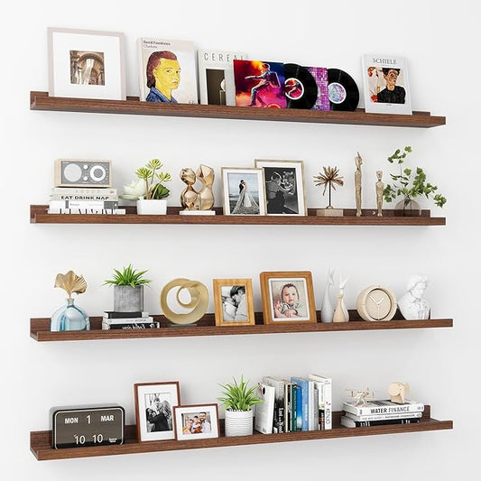 Axeman Picture Ledge Shelf | 48 Inch Walnut Floating Shelves Set of 4 | Rustic Wood Wall Shelves with Lip | 48" Walnut Picture Shelves for Wall with Ledge | Photo Shelves