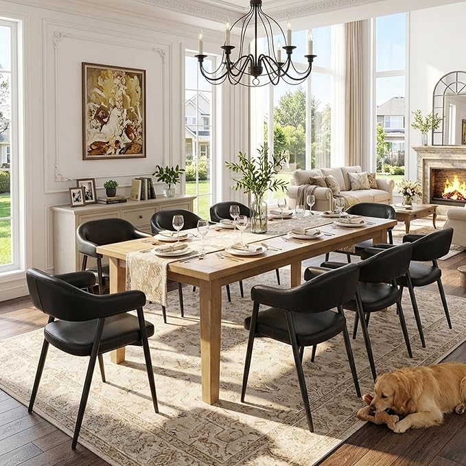 HNY Modern Dining Room Arm Chairs Set of 6, Retro Faux Leather Upholstered Barrel Dining Chairs with Arms Mid-Century Black Accent Chair with Metal Legs, Open-Back Kitchen Side Chair for Living Room