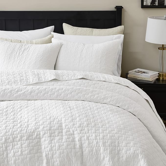 palassio White 100% Cotton Quilt Twin Size Bedding Sets with 1 Pillow Sham, Textured Lightweight Soft Bedspread Shabby Chic Coverlet, Quilted Thin Comforter Bed Cover for All Season, 2 Pieces