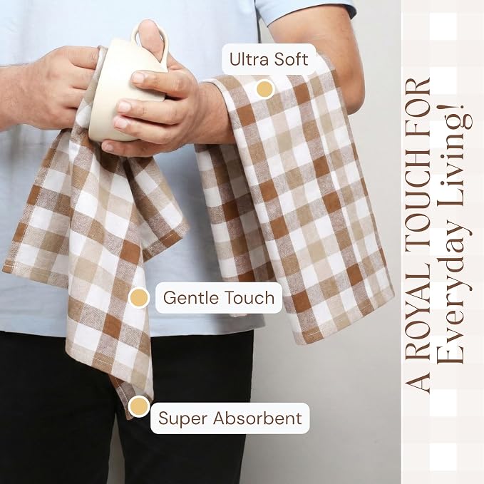 Checked Dish Towels 12 Pack, 18x26 Inches, Quick Dry Towels for Kitchen, Durable, Reusable, Absorbent Wash Cloths Set, Washable Fabric, Heavy Duty for Daily Use - Brown, Beige, White