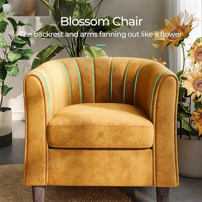 LINSY Accent Chair with Ottoman, Modern Armchair Comfy Barrel Reading Chair with Footrest for Living Room Bedroom Reading Room, Velvet, Yellow