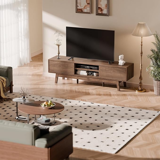 TOLEAD 59" TV Stand, Mid Century Modern Television Stand for 43/55/65 inch TV, Low Profile TV Console with Fluted Sliding Doors, Boho Light Wood Credenza for Living Room, Walnut
