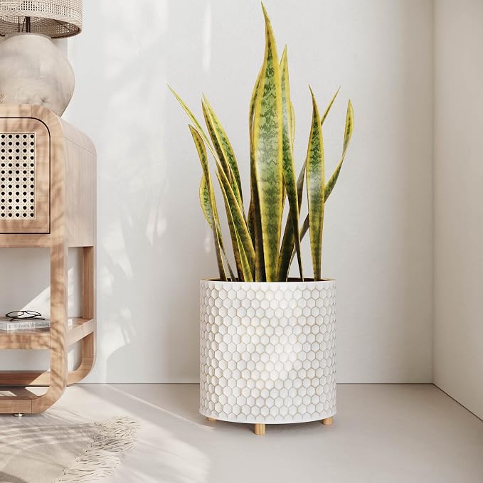 EverNest Honeycomb Gold and White Planter with Wooden Peg Leg Stand, 12-Inch Plant Pot, SelectBase, Mid-Century Modern, Indoor Home Decor Planters (Large, 3 Gallon)