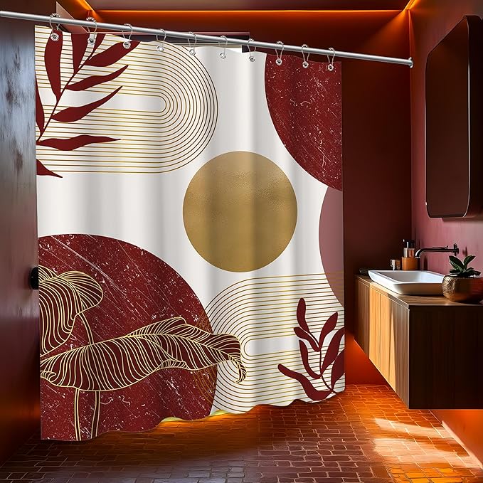 Red and Gold Shower Curtain Burgundy Dark Red and White Shower Curtains for Bathroom Decor Abstract MCM Bath Curtain Set, Waterproof Fabric with Hooks 60 x 72 Inch