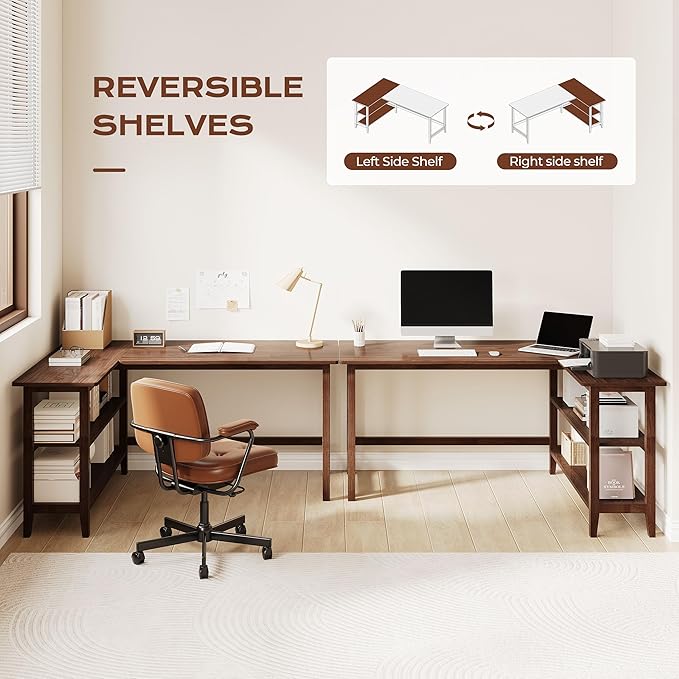 IOTXY Reversible L-Shaped Office Desk - 63" Extra Large Corner Computer Table with Storage Shelves, Solid Wood Legs, Home Writing & Study Workstation, Walnut