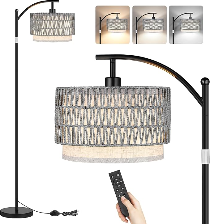 ROTTOGOON Arc Floor Lamps for Living Room, Boho Farmhouse Floor Lamp with Remote & Dimmable Bulb, Standing Lamp with Grey Rattan & Fabric Shades, Adjustable Tall Lamp for Bedroom Office-Black