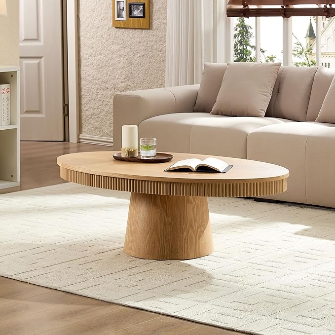 47.24" Oval Coffee Table Modern Handcraft Drum Center Table with Sturdy Pedestal for Living Room Apartment, Oak