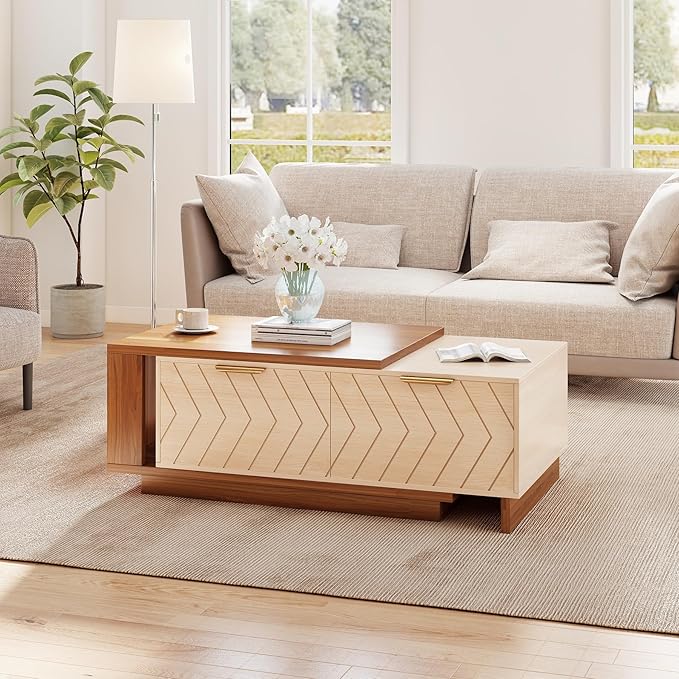 42"- 65" Extendable Coffee Table with Storage, Reversible Wood Coffee Table with 2 Drawers, Two-Tone Large Adjustable Center Table for Living Room, Office (Walnut A)
