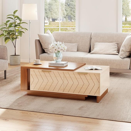 42"- 65" Extendable Coffee Table with Storage, Reversible Wood Coffee Table with 2 Drawers, Two-Tone Large Adjustable Center Table for Living Room, Office (Walnut A)