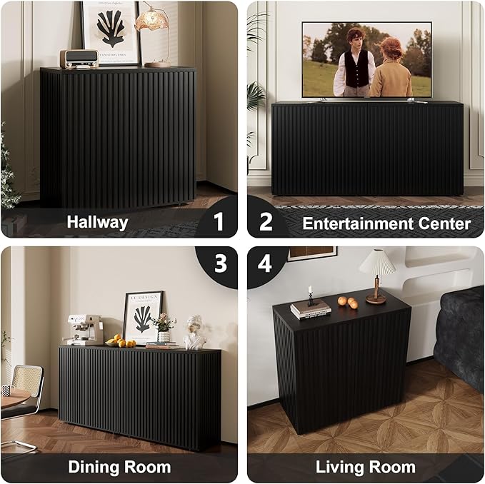 Rophefx Fluted Sideboard Cabinet, 63" Buffet Cabinet with Storage, Credenza Storage Cabinets with Adjustable Shelf, Wood Entryway Cabinets with Pop-up Doors for Living Room, Entryway, Hallway, Black