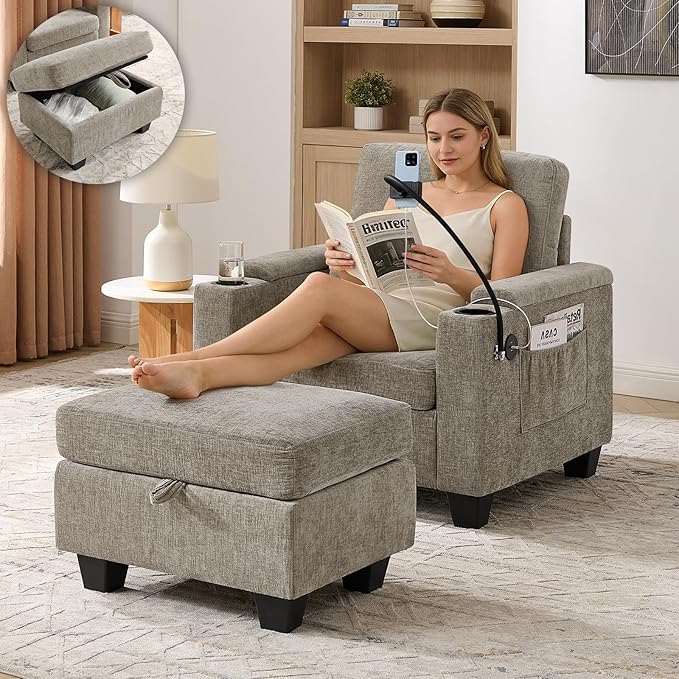 Oversized Chaise Lounge Chair Indoor, Single Convertible Recliner Reading Arm Sofa Chair W/Adjustable Backrest & Charging Port Couch Bed for Living Room, Home Theater & Bedroom, Brown