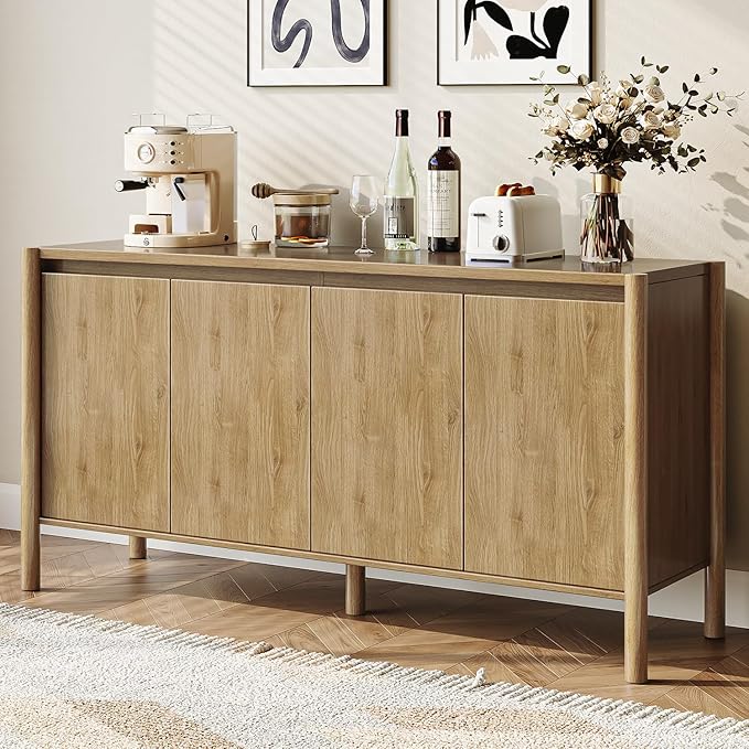 CHUWELL Sideboard Cabinet - 59" Mid Century Buffet Storage Cabinet with 4 Doors, Adjustable Shelves, and 4 Solid Wood Round Legs- Perfect for Living Room (Oak)