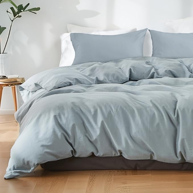 FALUCA French Linen Blend Duvet Cover Set 3Pcs King (104"x92") - Soft, Breathable, Cooling Farmhouse Bedding for Hot Sleeper (King, Dusty Blue)