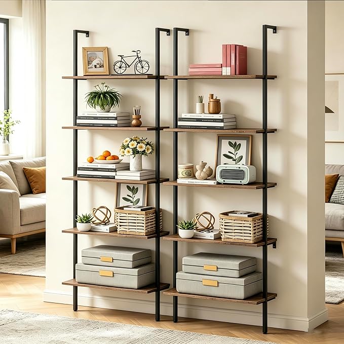 Wolawu 5 Tiers Ladder Shelf 2-Piece Black Modern Tall Bookshelf Open Large Tall Wall Mount Storage Bookcase Standing Leaning Wall Shelves Industrial Decorative (Brown)