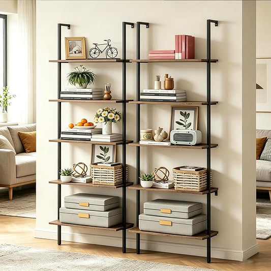 Wolawu 5 Tiers Ladder Shelf 2-Piece Black Modern Tall Bookshelf Open Large Tall Wall Mount Storage Bookcase Standing Leaning Wall Shelves Industrial Decorative (Brown)
