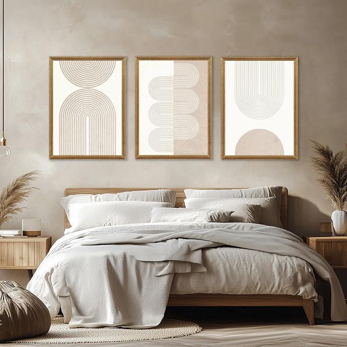 PicturePerfect Decor Wall Art 3 Piece Set, 16x24Inch Geometric Line Prints, Neutral Abstract Canvas Triptych for Living Room Bedroom Office Hallway, Mid-Century Modern Decor with Wood Frame